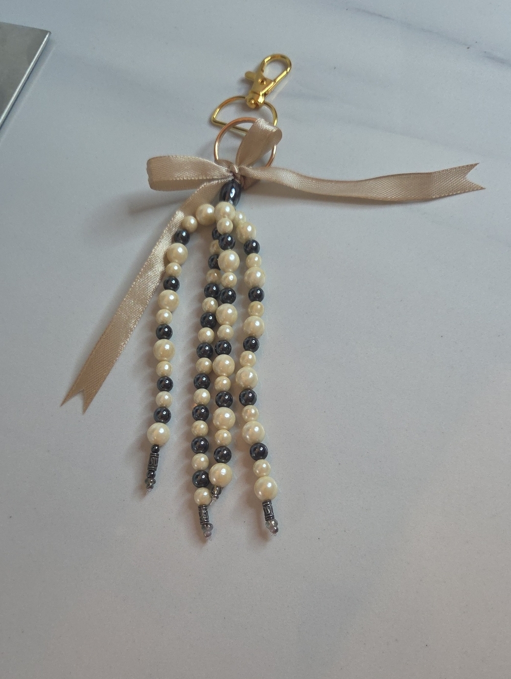 Pearl Bead Tassel Bag Charm Cream & Black